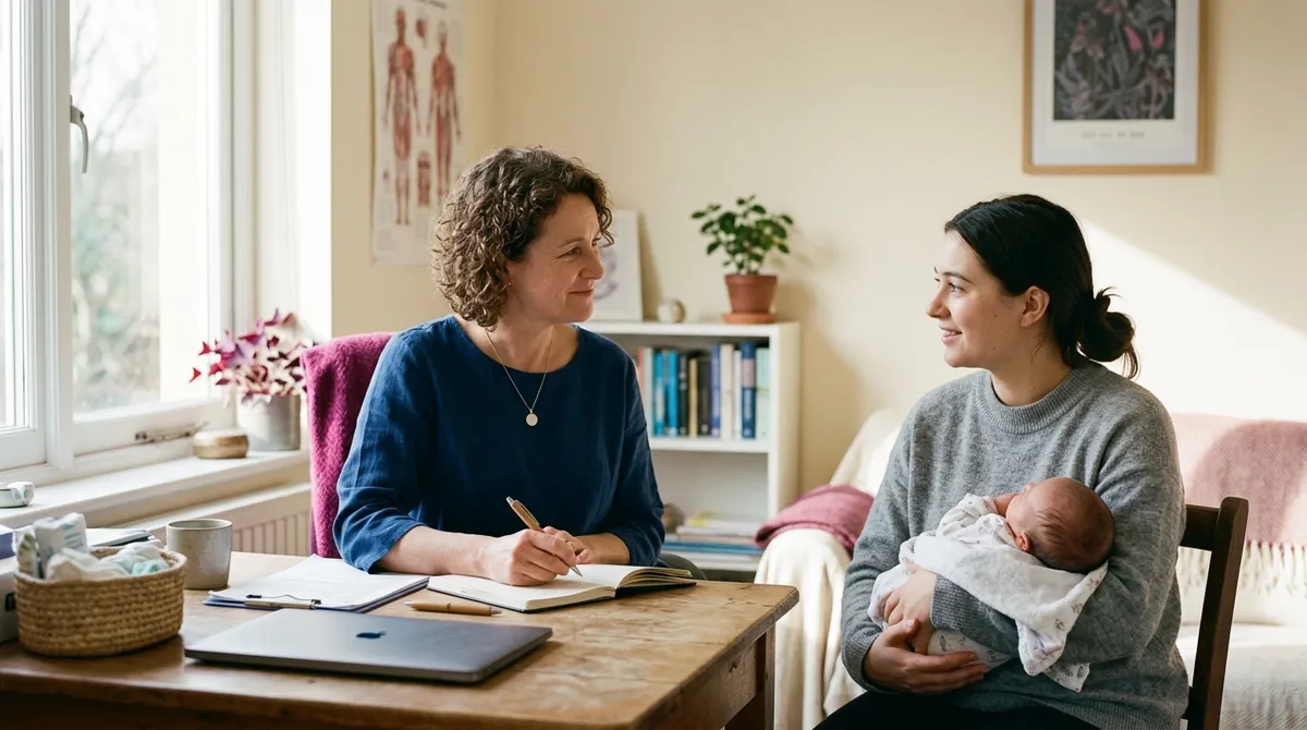 Sage-femme en consultation post-natale avec une jeune mère
