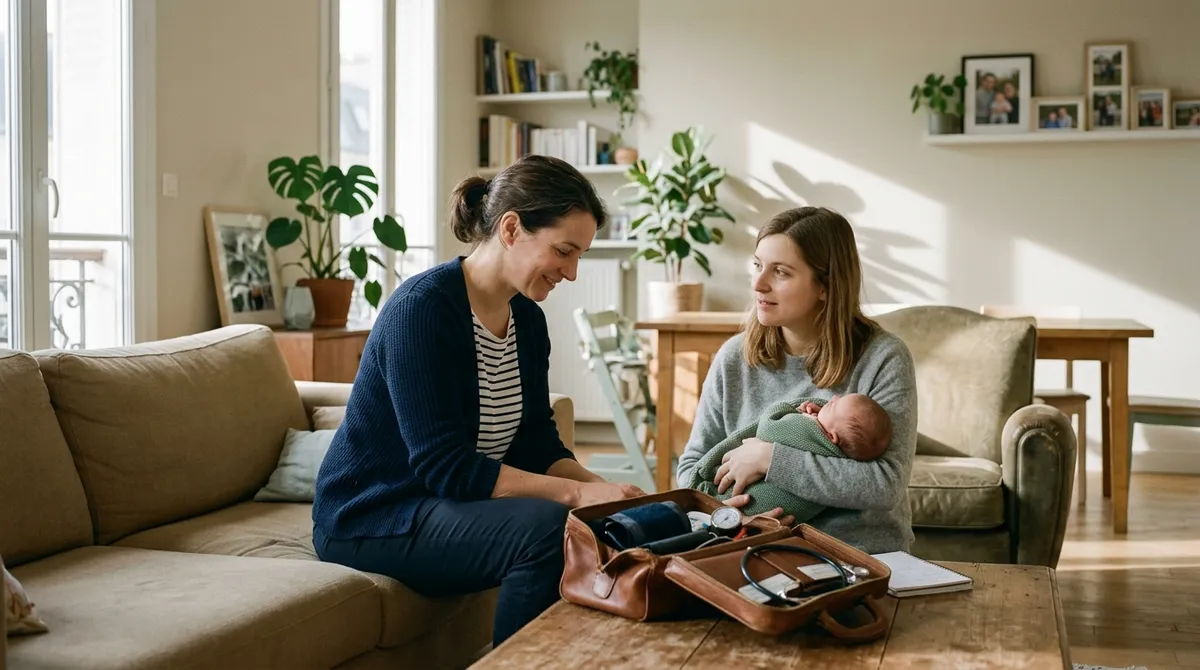 Sage-femme en visite de suivi à domicile