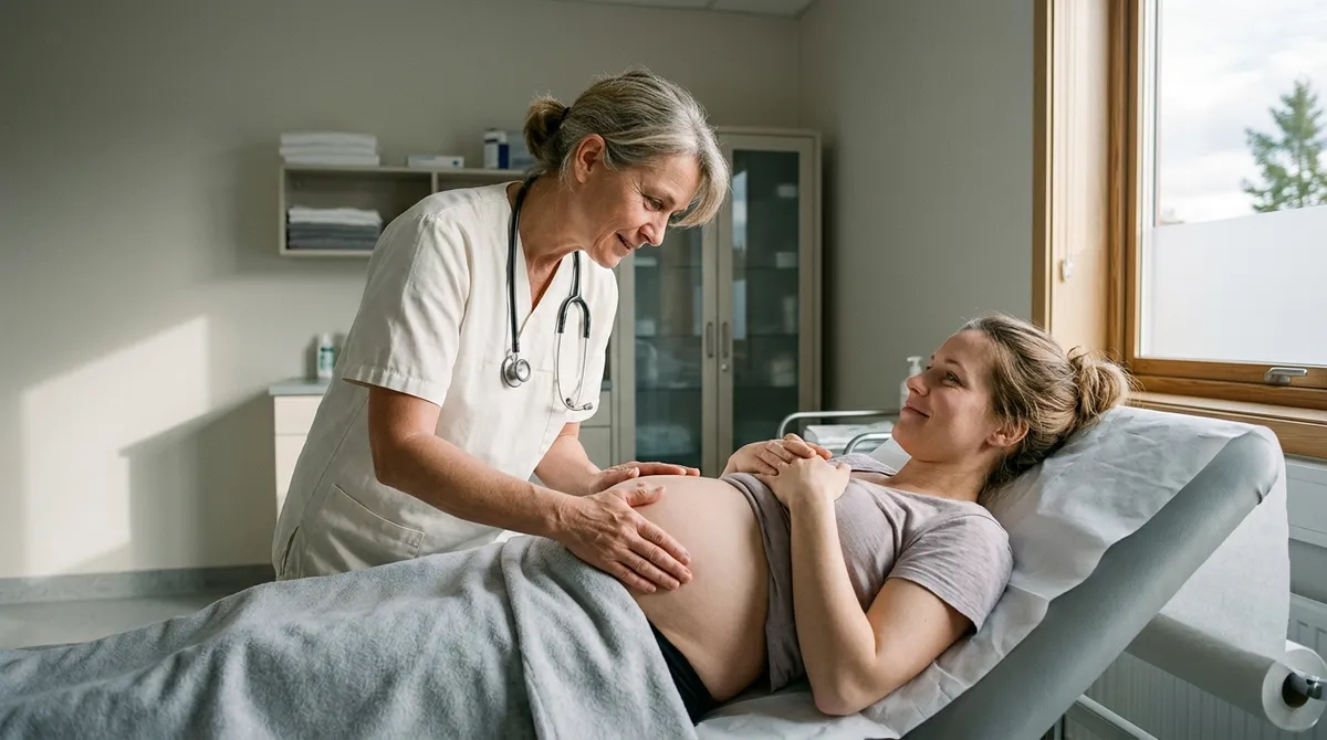 Sage-femme réalisant un suivi de grossesse en cabinet